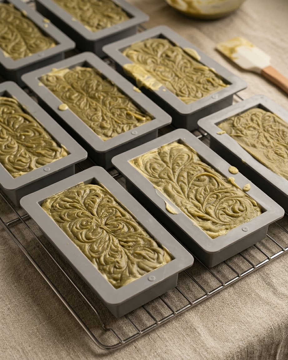 Freshly poured soap batter in moulds