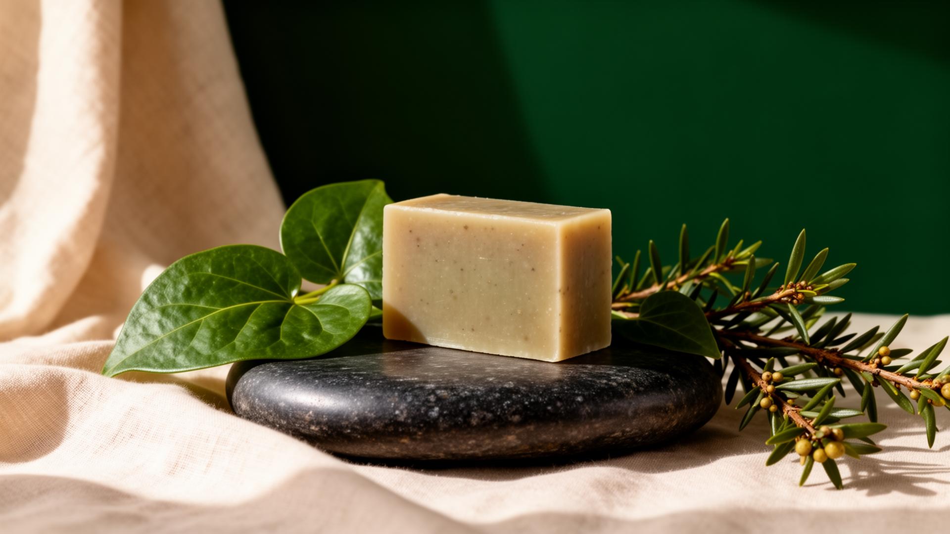 Handcrafted Kanuka botanical soap on stone with native foliage